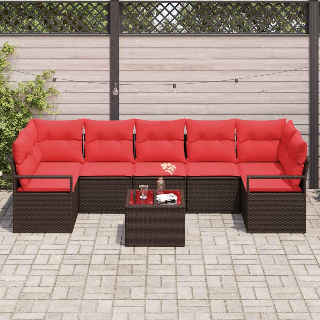 Set di divani da giardino, 8 pezzi, in polyrattan, colore beige e rosso | Salotto modulare in rattan con spazio sotto i sedili e tavolo in vetro, ideale per giardino, terrazza o veranda.
