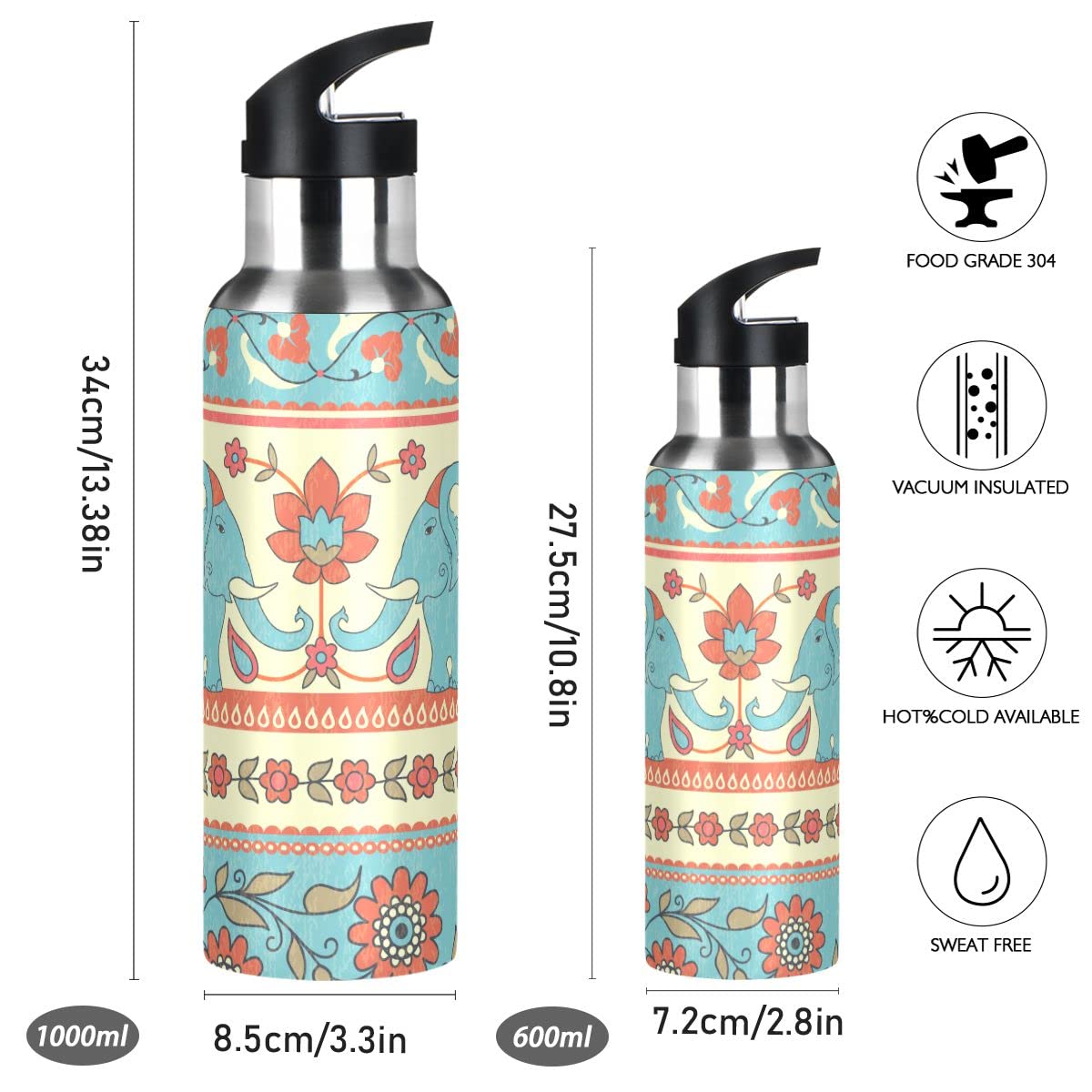 Edelstahl Wasserflasche mit Strohhalm, indische ethnische Elefanten und Blumen Isolierte Trinkflasche Sport Wasserflasche für Kinder Erwachsene, auslaufsicher, 1L