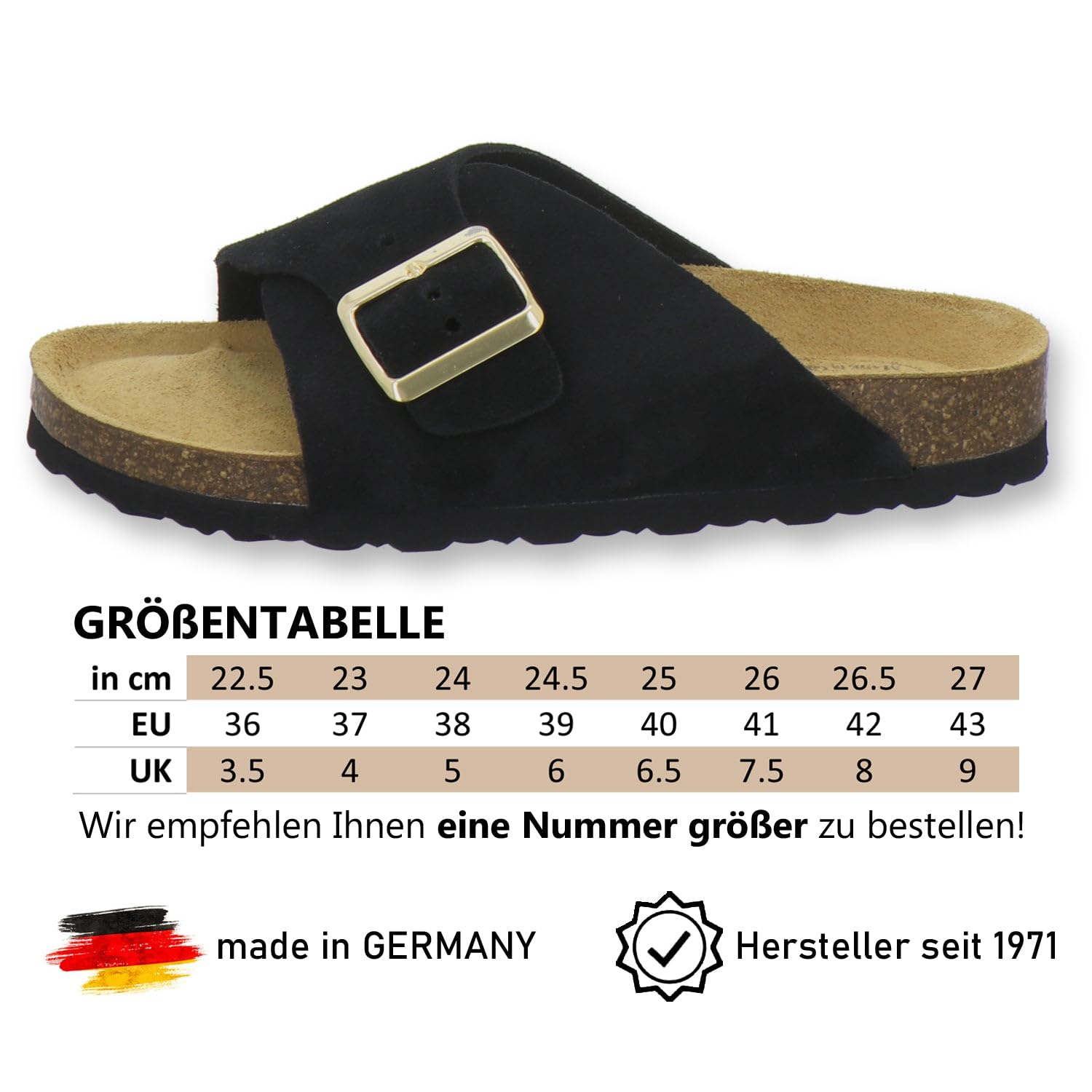 AFS-Schuhe 2150 - Mules tendance pour femme - En cuir véritable - Sandales d'été avec grande boucle - Fabriquées à la main en Allemagne