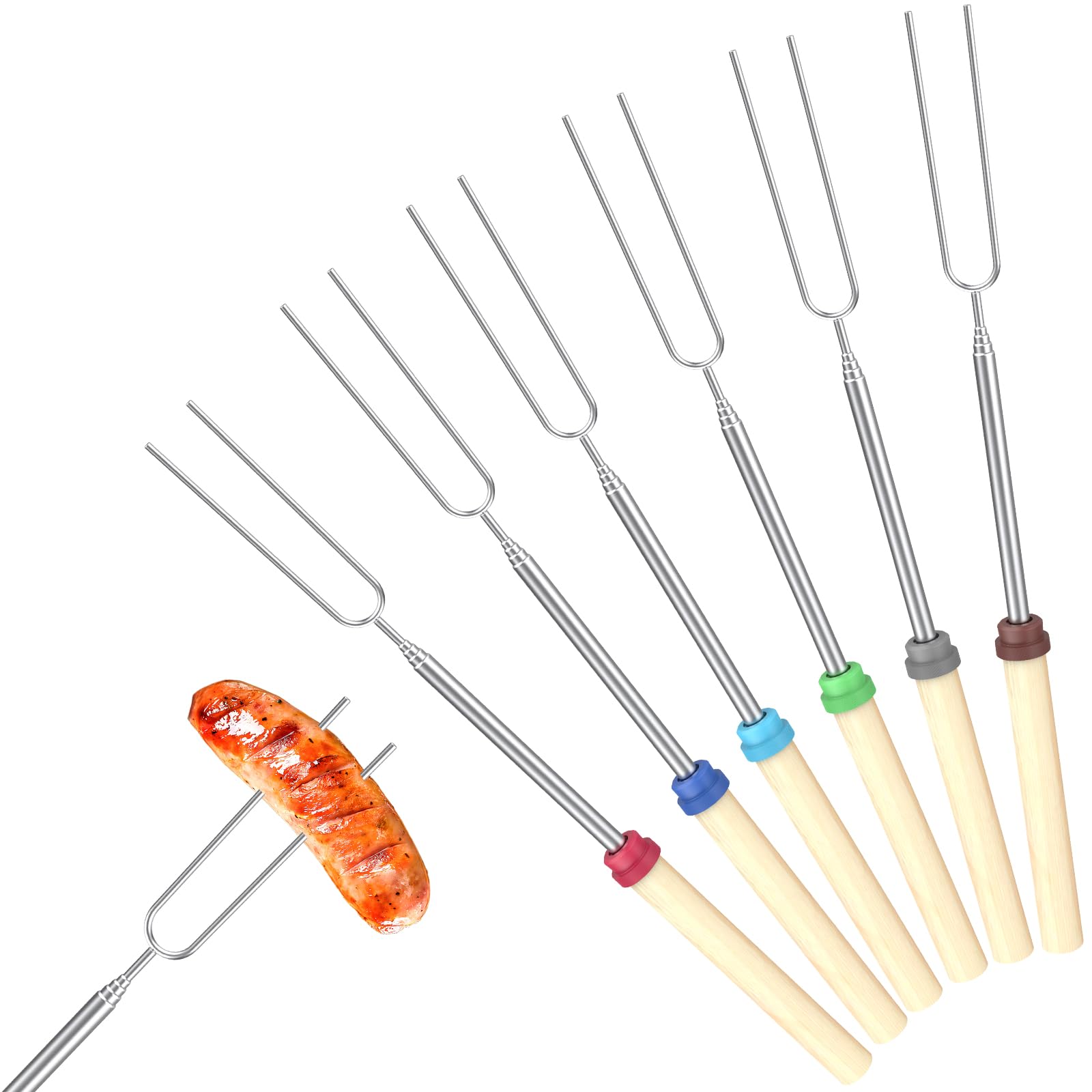 GeeRic Marshmallow Toasting Forks, 6 Pack Extendable Stainless Steel Sticks Barbecue Forks U Shape Hot Dog Fork with Wooden Handle for Roasting Marshmallows and Hot Dogs Camping