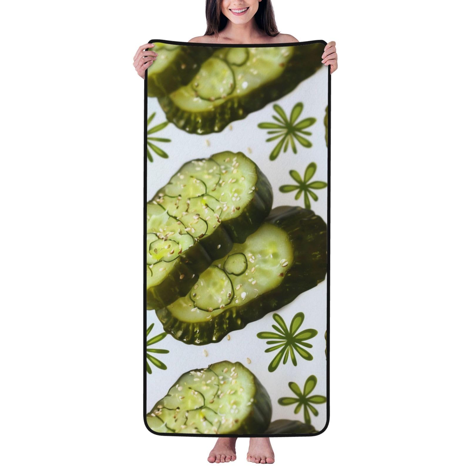 WPKJU Sushi Dill Pickles Printed Bath Towel with Black Edging - 27x55 in Soft Extra Absorbent Coral Velvet Shower Towels for Bathroom