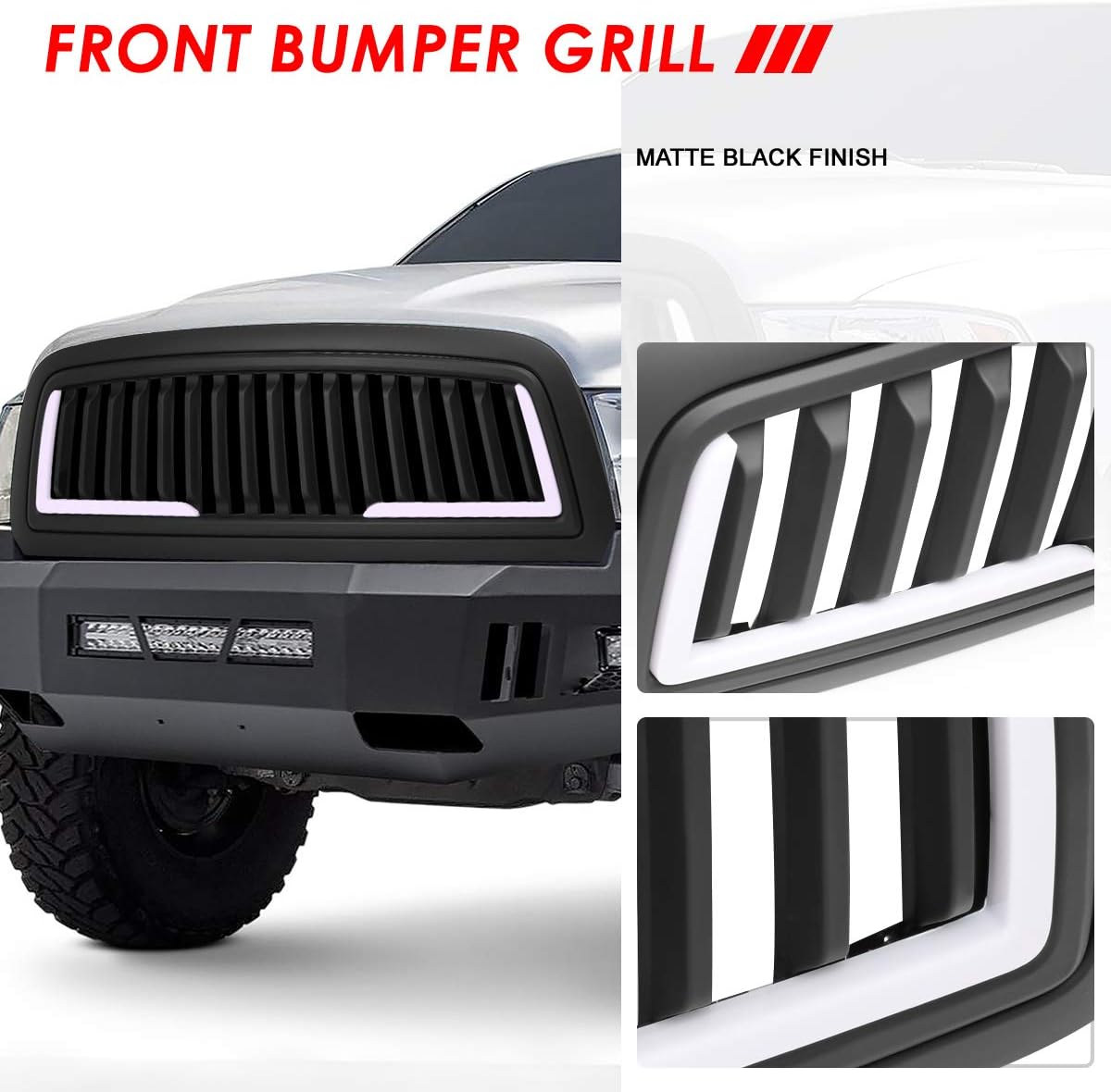 Auto Dynasty Front Grille Grill with LED Daytime Running Lights Compatible with 2009-2012 Dodge Ram 1500 2500 3500, Badgeless Vertical Style Front Bumper Hood Grille, Matte Black
