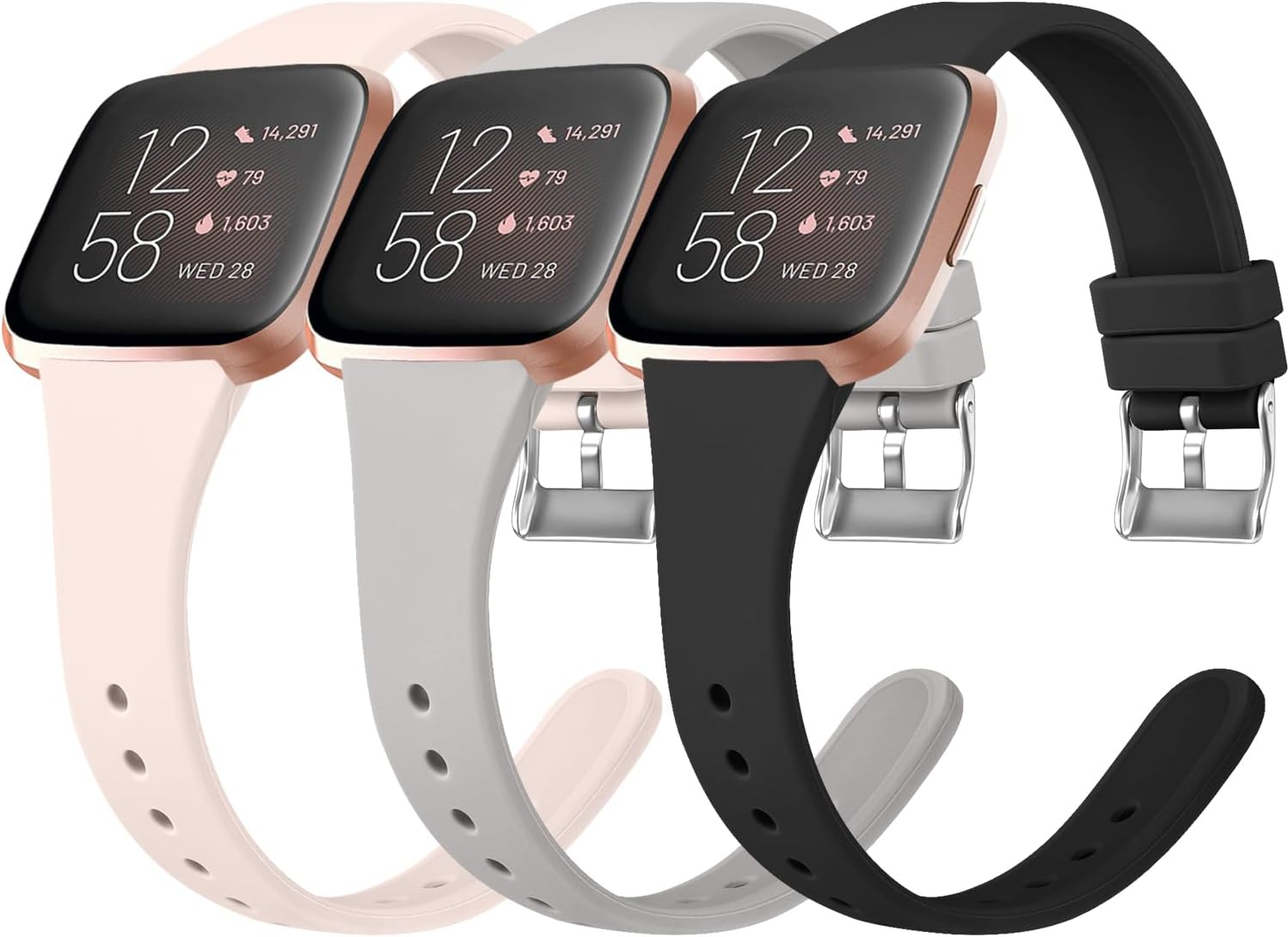Tobfit Pack 3 Slim Bands Compatible with Fitbit Versa 2 Bands/Versa/Versa Lite/SE, Silicone Replacement Smartwatch Wristband for Women Men, Small, Black/Gray/Pink Sand