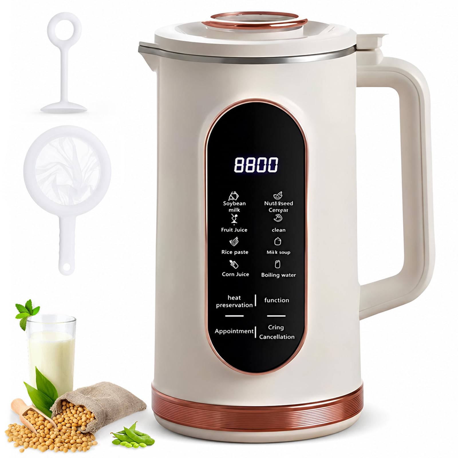 Macchina per Latte di Soia 1,5 L, Modello Automatico con Timer 12 Ore | Calore per 4 Ore, Display Intelligente, 10 Lame in Acciaio Inox e Autopulizia per Latte di Soia, Mandorla e Vegetale