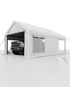 10x20 Ft Carport, Car Port with 200g PE Tarp, Roll-Up Doors, and 4 Windows, for Sedans, Bass Boats, Motos, ATVs, and SUVs, White