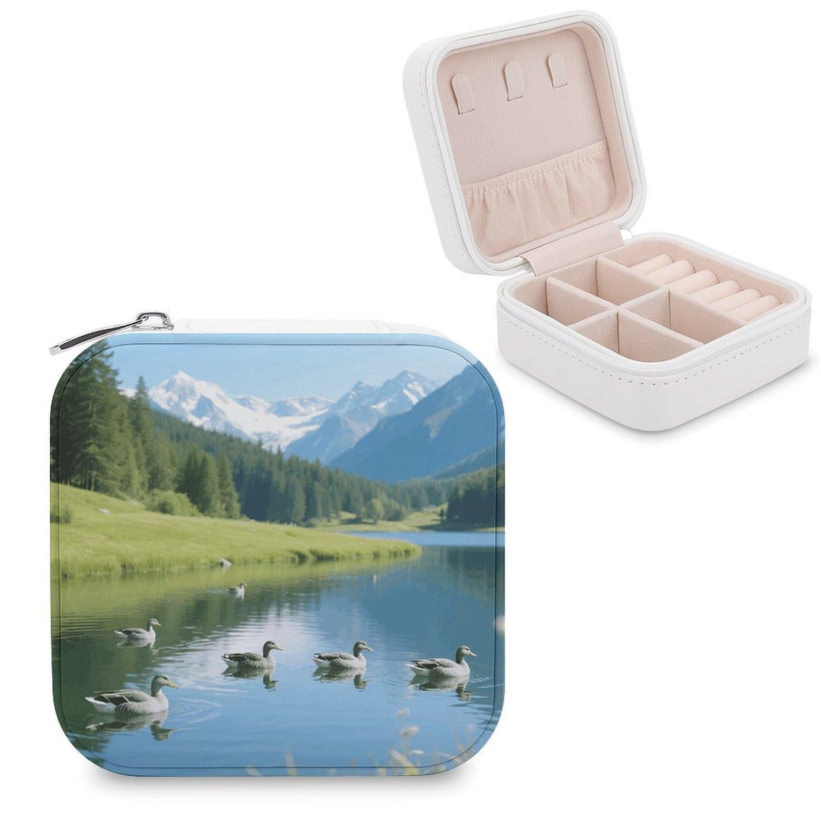 VstaDank Alpine Lake Jewelry Box for Women Jewelry Organizer Storage Case with Zipper Mini Travel Jewelry Case Cute Trinket Organizer Leather Portable Jewelry Storage Box
