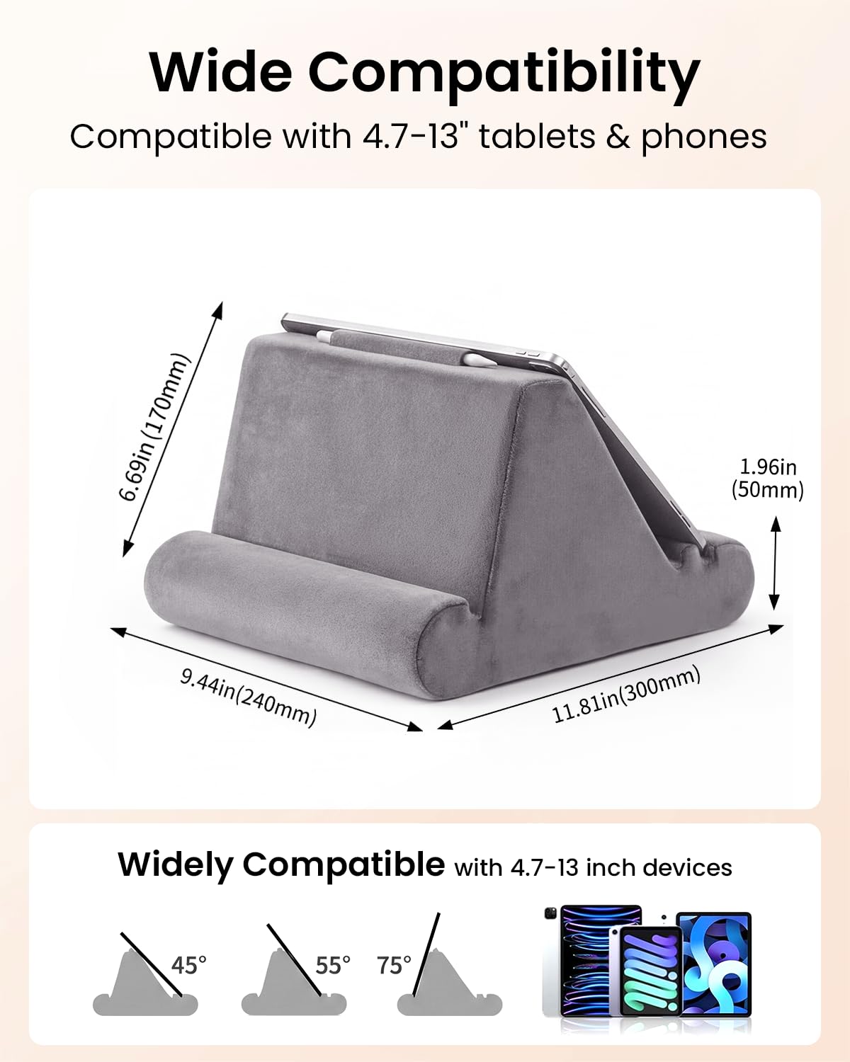 Support tablette en forme de coussin, coussin doux pour les genoux, support tablette pour le lit avec 3 angles de vue, poche, support pour stylet, compatible avec iPad Pro 13, 10.5, Air, Mini