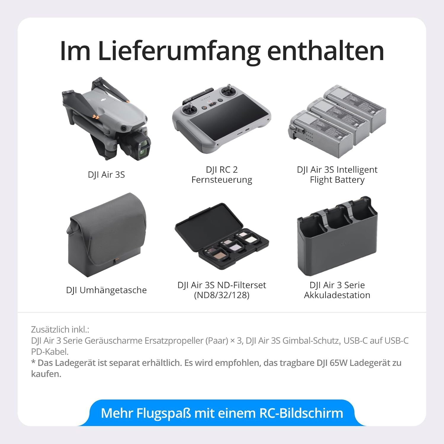 DJI Air 3S Fly More Combo (RC 2 Fernsteuerung mit Bildschirm), Drohne mit 1" CMOS Weitwinkel- & mittlerer Telekamera für Erwachsene, 4K/60fps, omnidirektionale Erkennung & 3 Akkus für längere Flugzeit