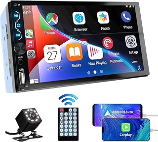 Double Din Car Stereo with Apple Carplay and Android Auto,7 Inch Full HD Touchscreen Radio Bluetooth, Backup Camera,Support Mirror Link,Steering Wheel，USB/AUX/Subwoofer