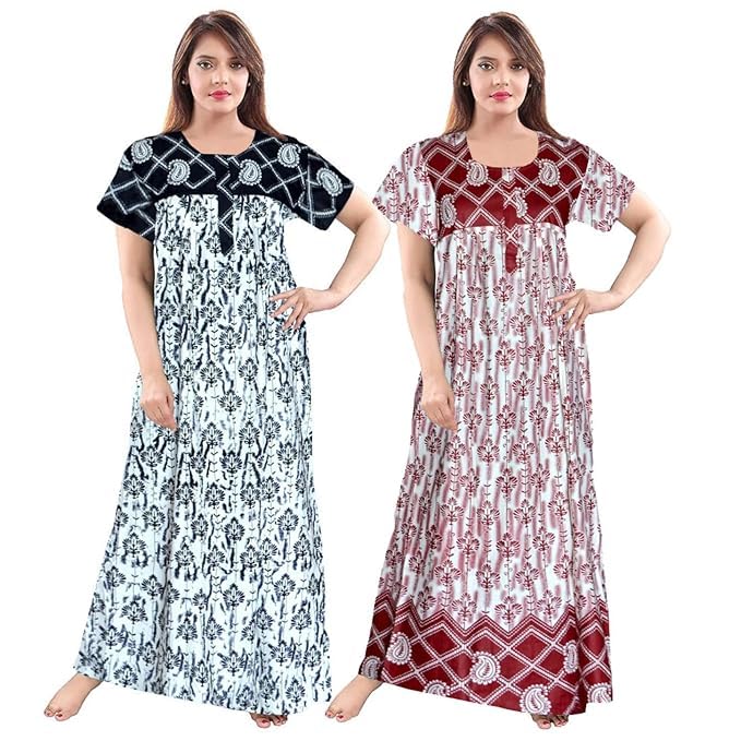 Women’s Cotton Printed Maxi Nighty (Pack of 2) – Ankle-Length Night Dress Gown, Soft & Comfortable Sleepwear, Free Size Multicolour-picture-28