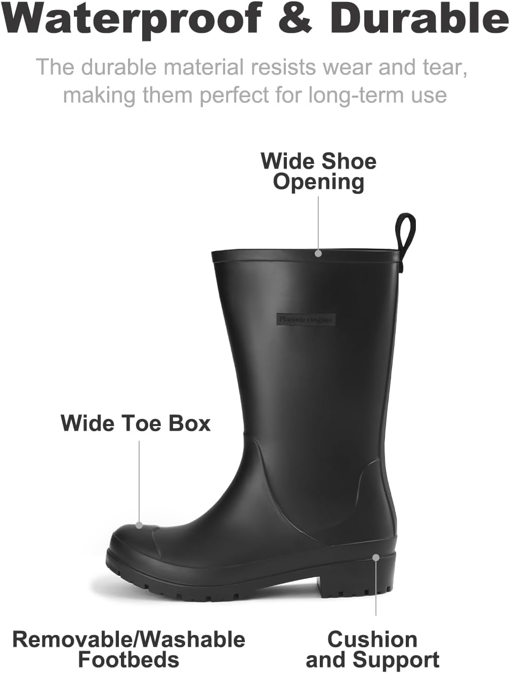 planone Mid Calf Rain Boots Women Fashion Waterproof Boots for Women Matte Outdoor Garden Shoes Muck Boots for Ladies Non Slip Work Shoes Rubber Boots with Premium Comfort Insole