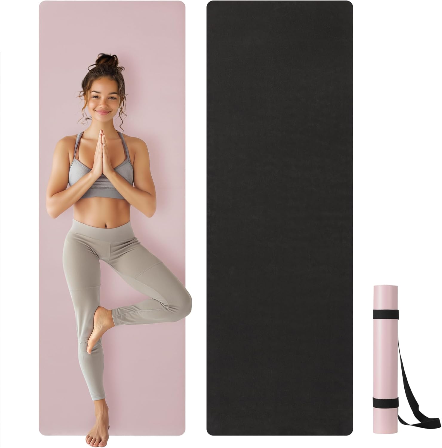 Navaris 4mm Pilates Mat – Yoga Workout PU & Rubber Mat – Ideal for Indoor, Outdoor, and Home Training – Non-Slip Exercise Fitness Mats for Men and Women – Pink & Black