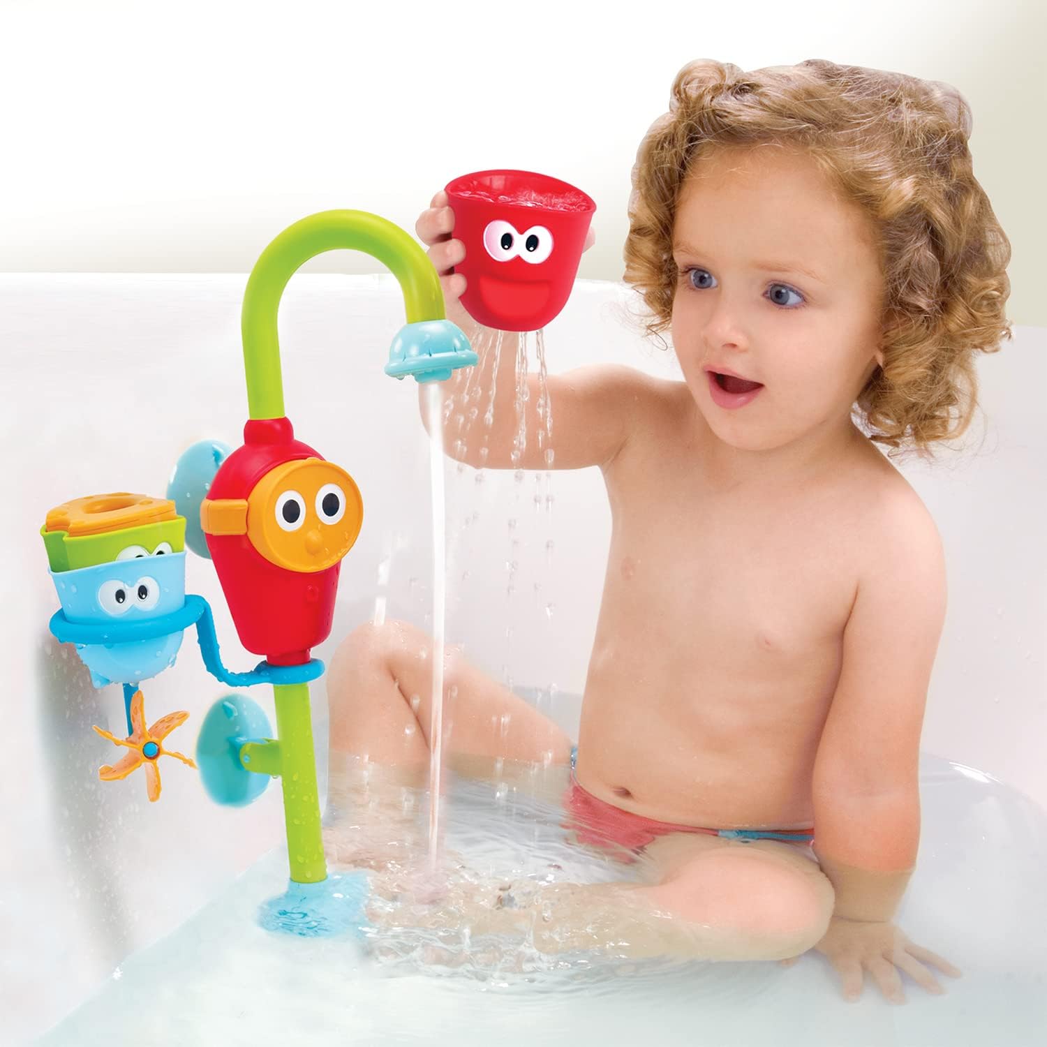 Yookidoo Toddler and Baby Bath Toy (Ages 1-3): Flow N Fill - 3 Stackable Play Cups - Battery Operated Interactive Hose Toy & Tumblers with Multiple Play Aspects - Make Bath Time Magical (No Mold)