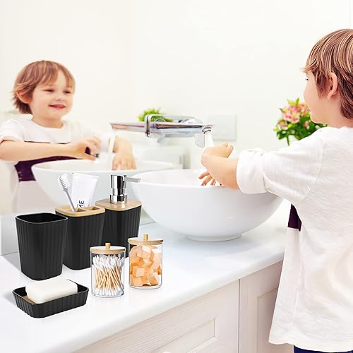 Miniatura 5 de Juego de 9 accesorios de baño negro, basurero, bandeja, dispensador de jabón, portacepillos, vaso, jabonera, cepillo para inodoro y portahisopos,