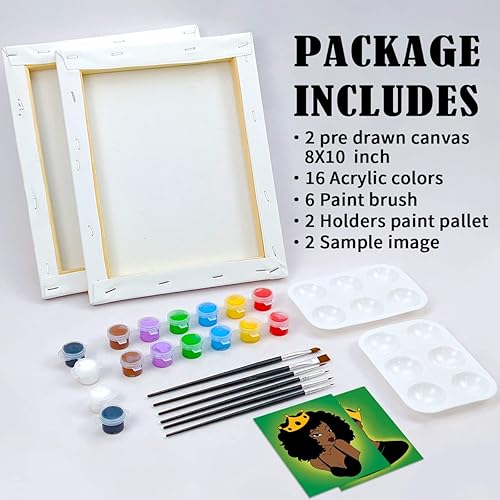Vista 9 de VOCHIC Paquete de 2 kits de pintura y sorbo de lienzo predibujado para pintar para adultos, lienzos estirados, pintura, juego de arte para parejas
