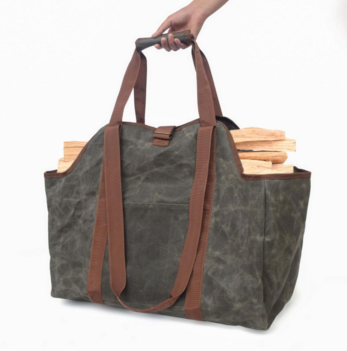 CHILDWEET Waxed Canvas Firewood Log Carrier Tote Bag Large Capacity Waterproof Lumber Storage Bag for Fireplace and Outdoor Fire Pit Use