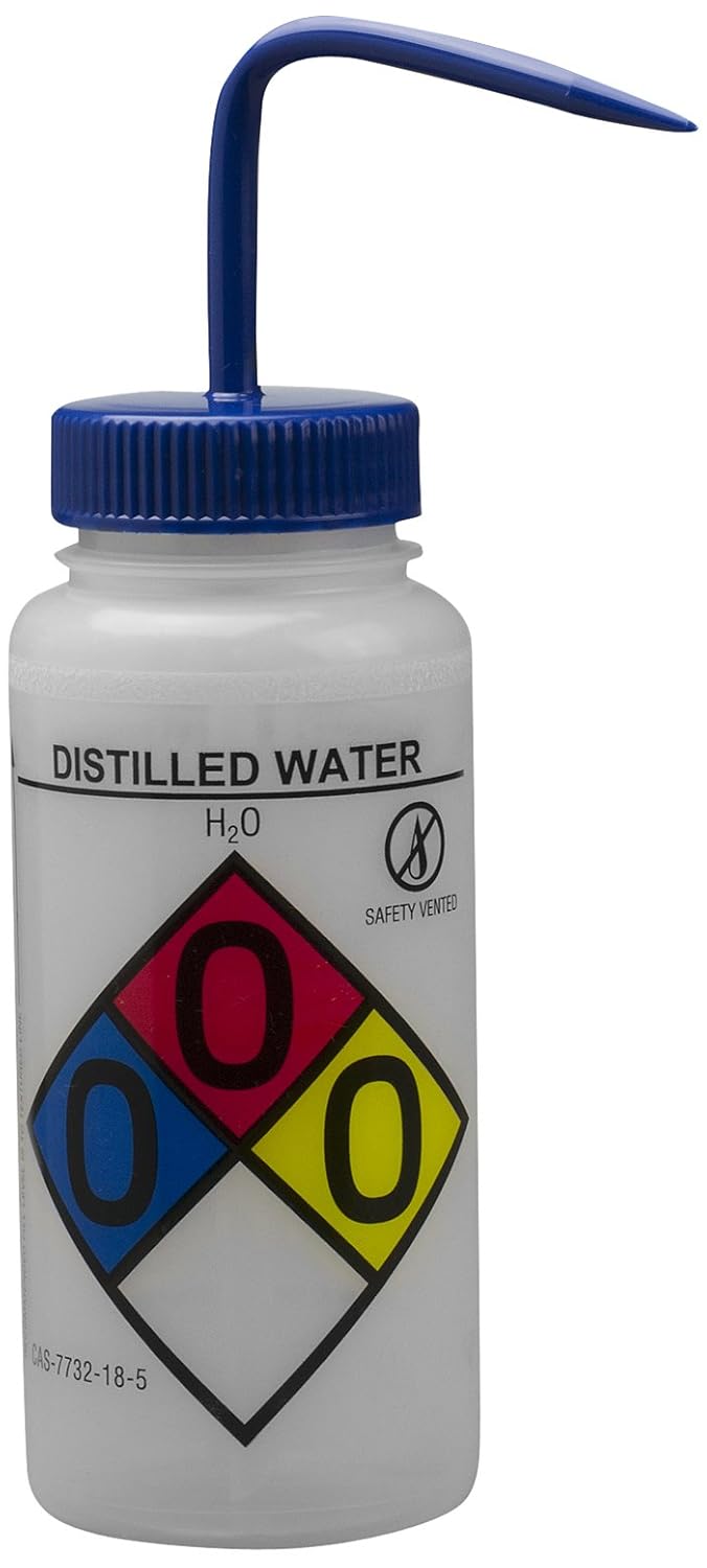SP Bel-Art GHS Labeled Safety-Vented Distilled Water Wash Bottles; 500ml (16oz), Polyethylene w/Blue Polypropylene Cap (Pack of 4) (F12416-0004) Made in USA