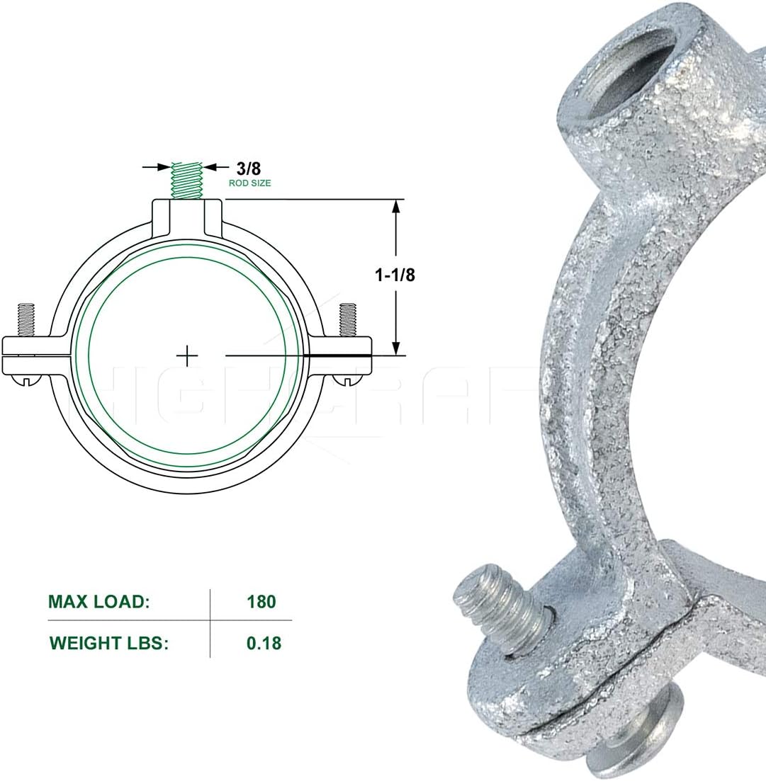 HIGHCRAFT S2PCG-01-10 Industrial Decor 2 Piece Split Ring Pipe Clamp 1 in. Galvanized Iron, with 3/8 in. Rod Fitting, Vintage Mounting Bracket for Tubing, Shower Curtain, Tiki Torch (10 Pack)