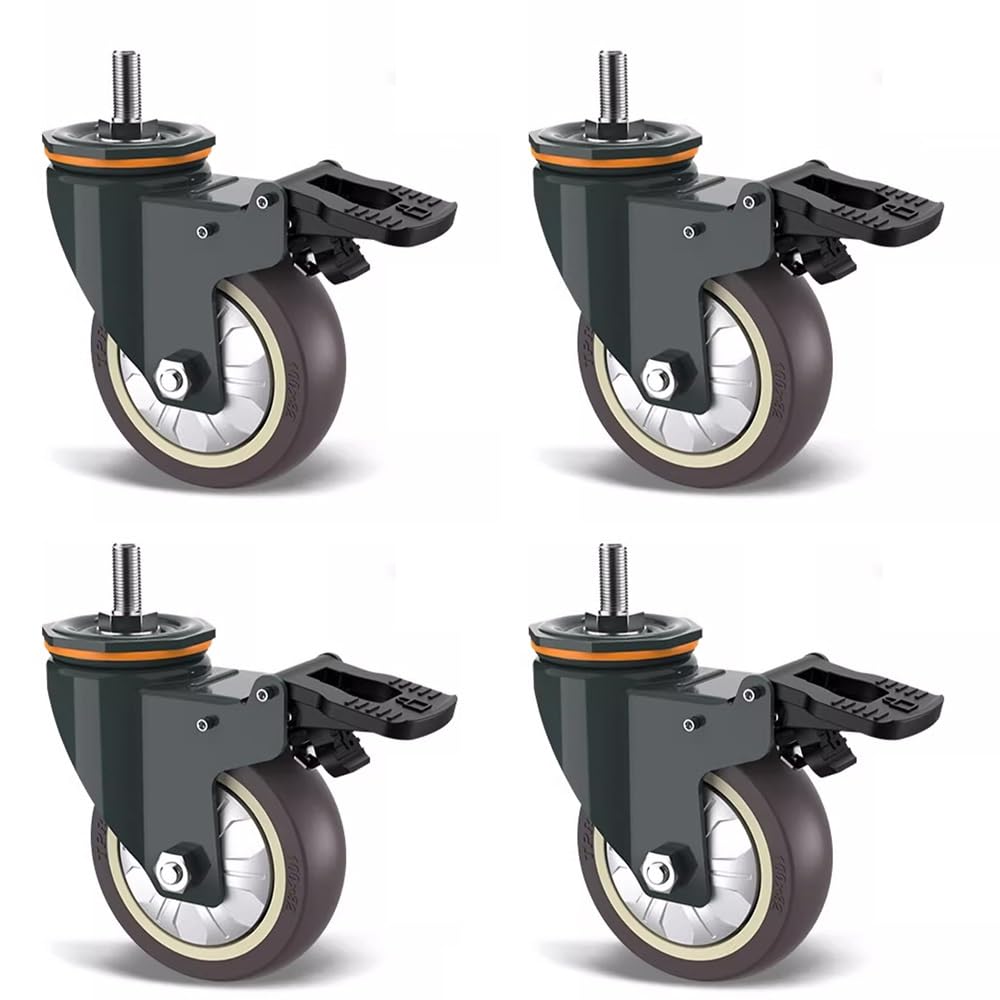 Stelo Filettato Ruote M10/M14, Ruote in Gomma 3 Pollice, Ruote Pivottanti Pesanti con Freni per Banco da Lavoro, Carrelli, 4 Pezzi(with Brake,M10x30)