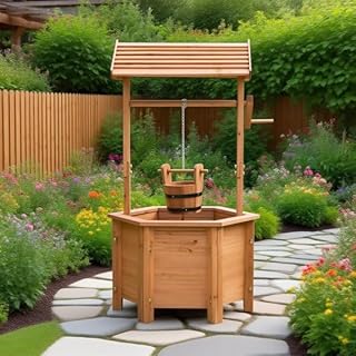 Rustic Wooden Wishing Well Planter 33.1 Inch, Firwood Outdoor Garden Decor Square Raised Bed for Flowers and Herbs, Brown ﻿