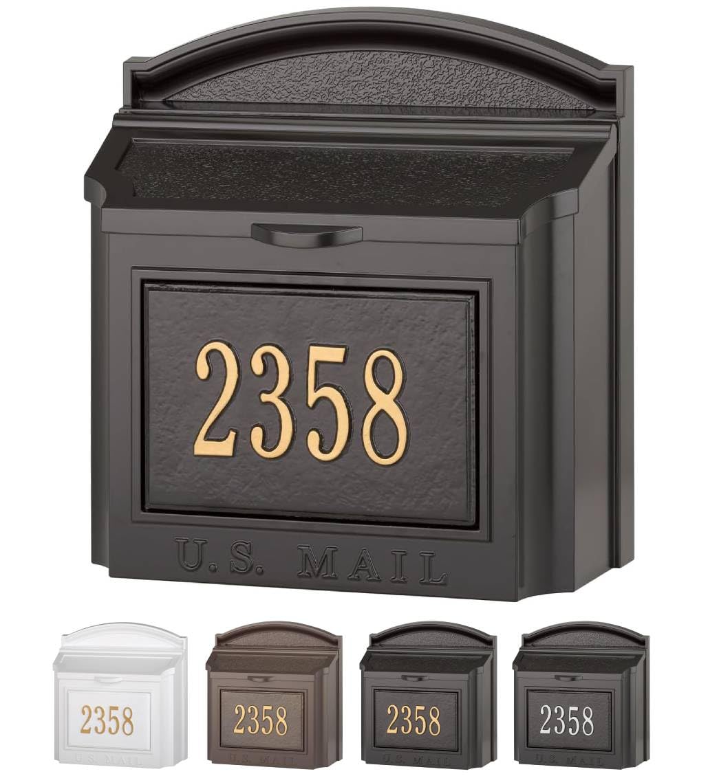 Whitehall Wall-Mounted Mailbox, Large Aluminum Wall Mailbox for Outside with Lock Black/Gold(4 Colors Available)