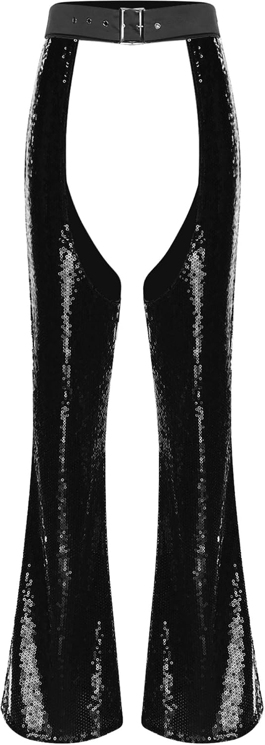iiniim Womens Sequins Shiny Hollow Out Flared Pants Bell Bottom Cowgirl Chaps Disco Party Dance Trousers