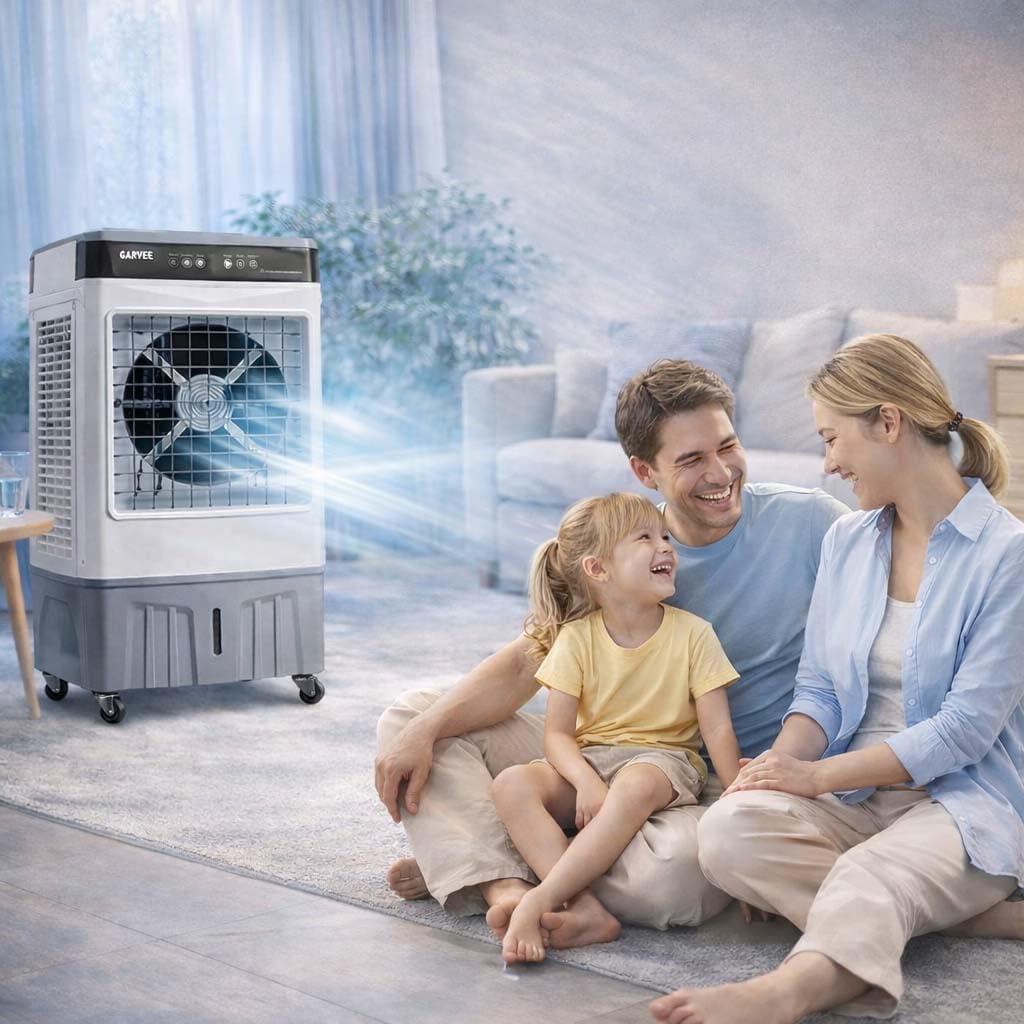 White and Gray Portable Air Conditioner Fan, Evaporative Air Cooler with Remote Control, 3 Fan Speeds, 1600ml Water Tank, 2/4/8 Hour Timer, Adjustable Airflow, for Bedroom Office Desk