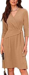 Womens Cocktail Dress Faux Wrap V Neck Pleated 3/4 Sleeve Stretchy Midi A Line Wedding Guest Dress - Buy now