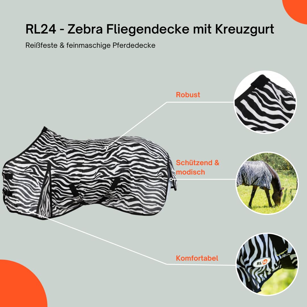 Zebra Fliegendecke mit Kreuzgurt – reißfeste & feinmaschige Pferdedecke – Weidedecke – 145 cm