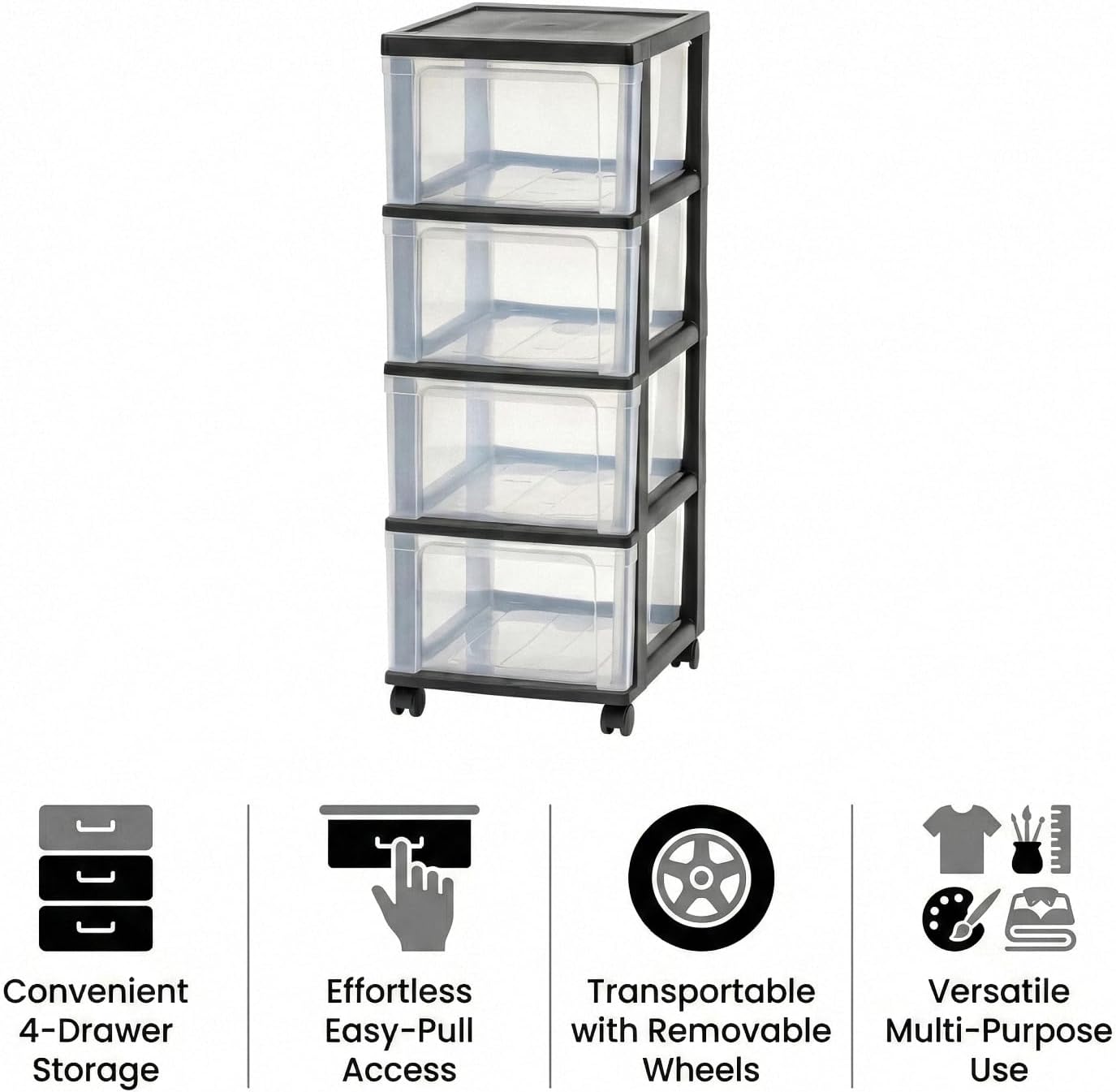 4-Drawer Narrow Storage Cart with Wheels - 32.5" Tall Slim Rolling Plastic Drawer Organizer Tower for Bathroom, Laundry Room, Kitchen & Office - Mobile Utility Unit with Clear Bins (Black)