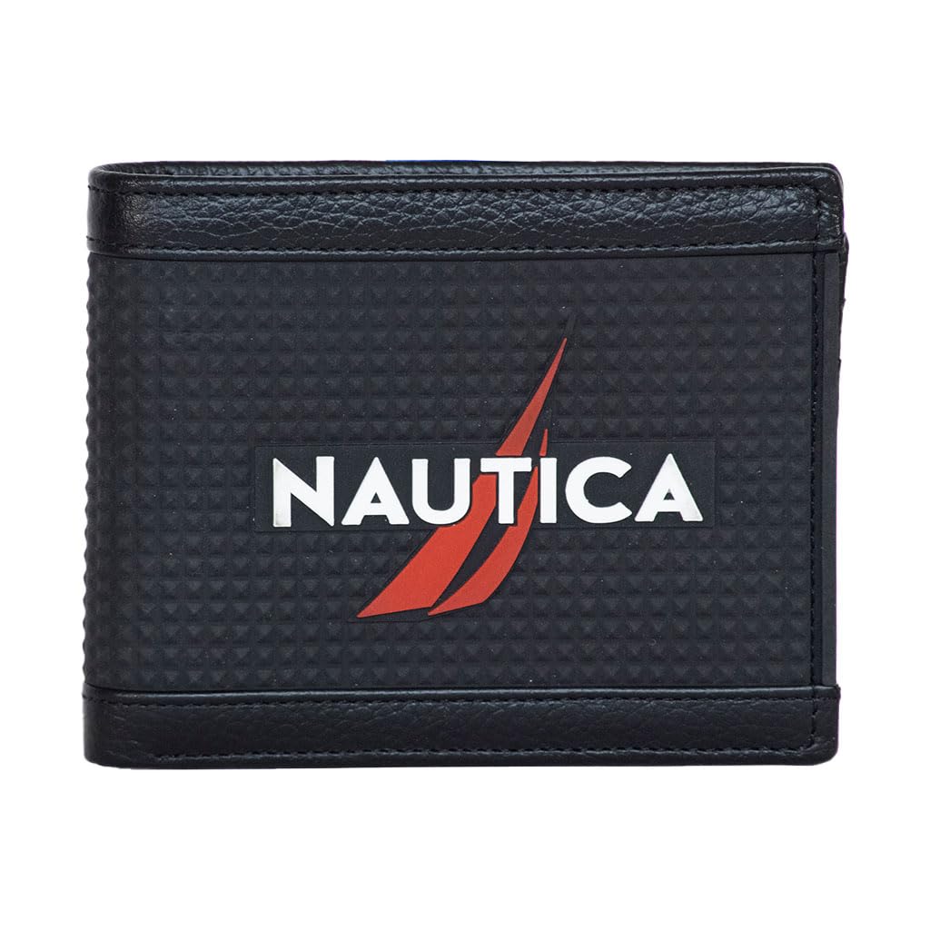 Nautica Men's Bifold Leather Wallet | RFID Blocking | ID Window | Card Slots | Organization | Durable | Stylish, Rubber/Leather - Black, One Size