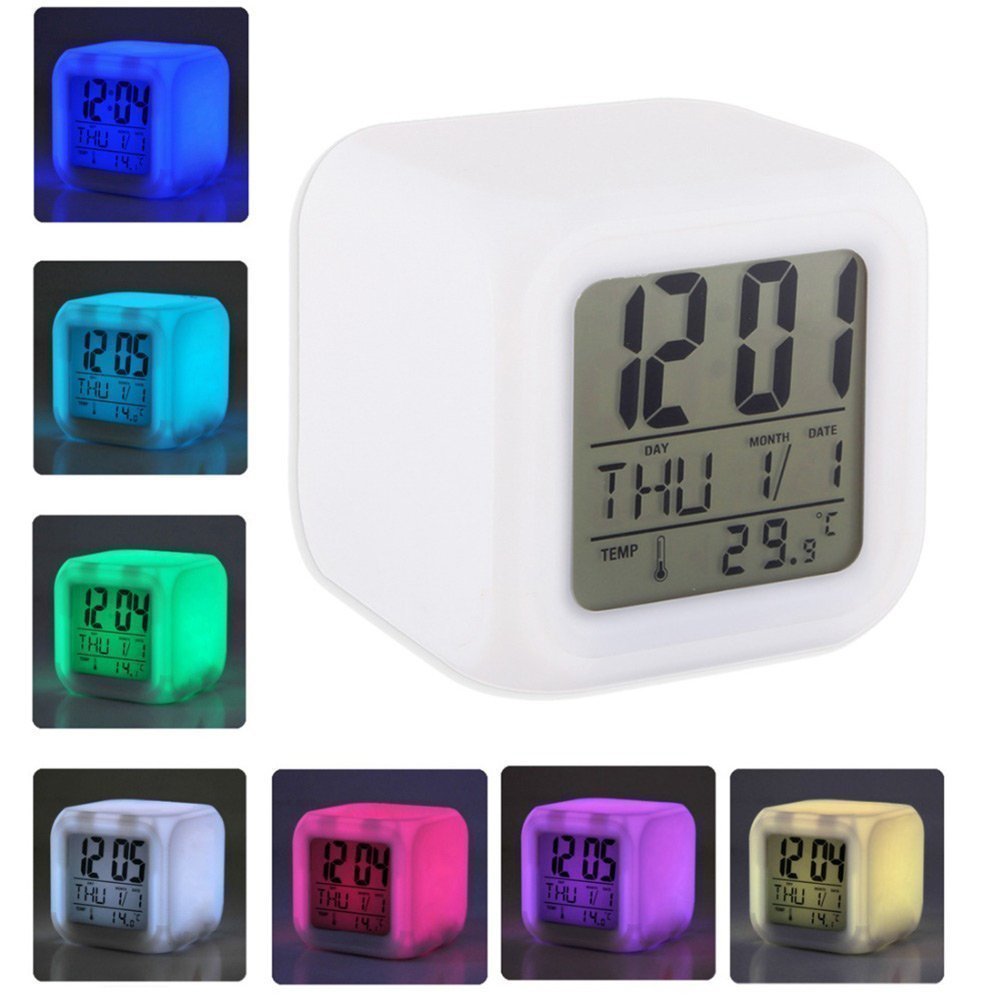 Inditradition Plastic Abstract Alarm Clock with 7 Colour Changing Digital Display and Temperature (White, 7.5 x 7.5 x 7.5 cm)