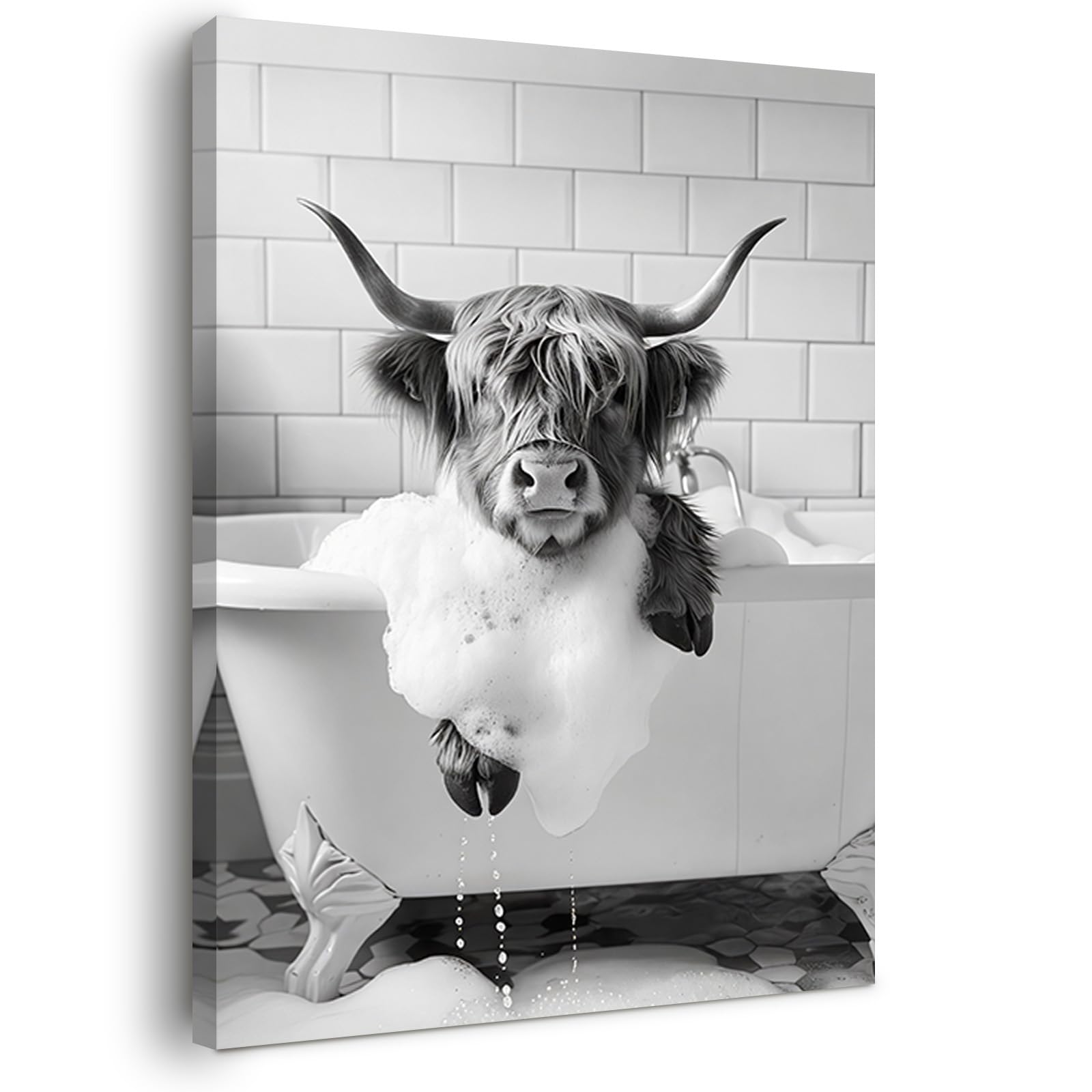 Alptiny Gerahmtes Badezimmer Wandbild 30×40 cm Highland Kuh im Schaumbad lustige Bad Deko für Gäste WC mit Haken Nägeln und magischer Klettbefestigung sofort aufhängbar