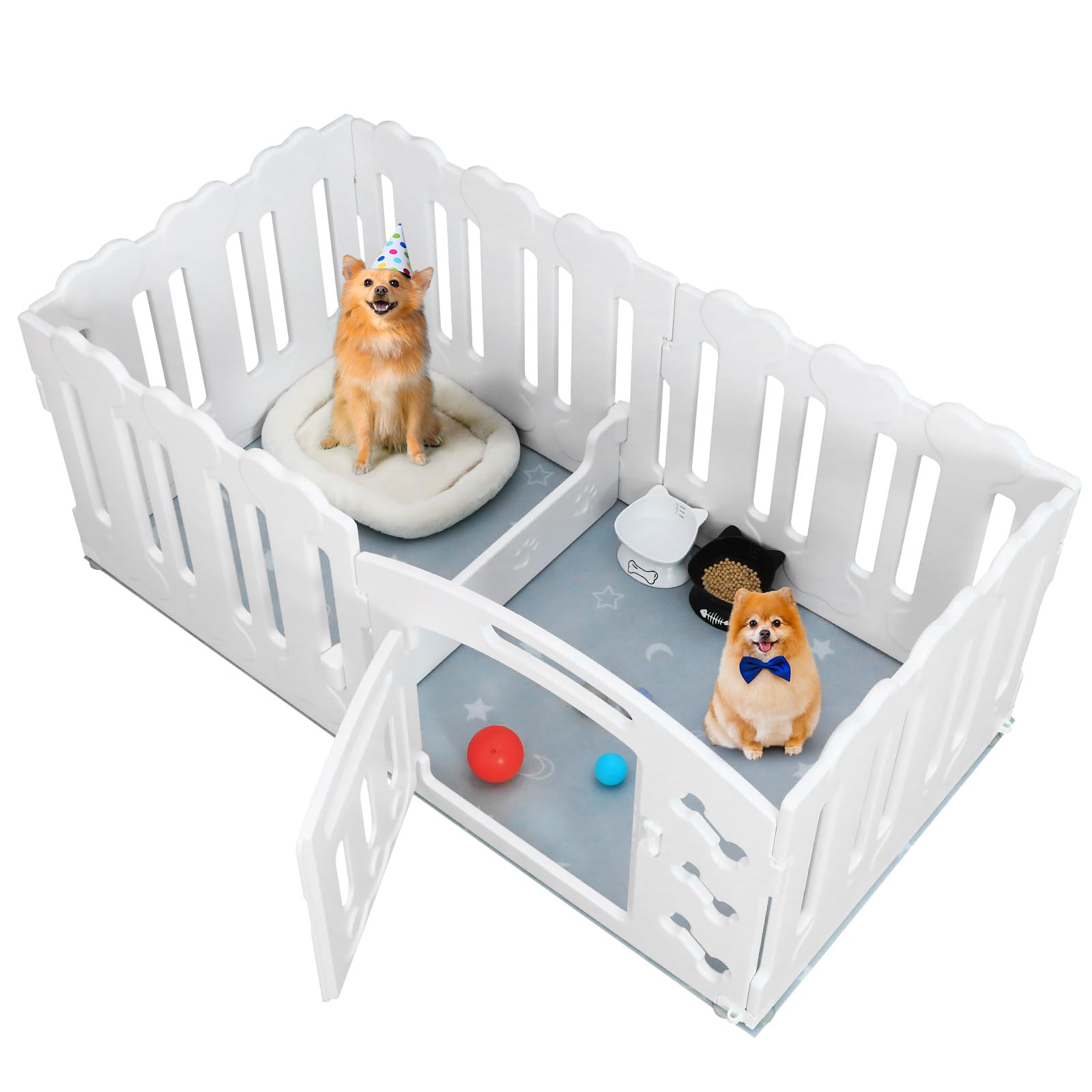 Parque para Perros 154x78x60CM, Jaula para Perros con Partición para una División Funcional, Corralito Vallas para Perros con Ventosas&Anclajes al Suelo, Plastico Parque Perros para Interiores, Blanco