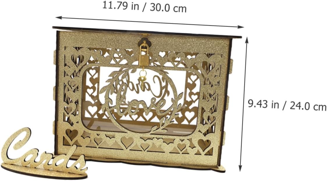 Wood Hollow Card Box with Glitter for Wedding Reception, Anniversary, Birthday – Square Wooden Blessing Card Holder without Lock, Decorative Message and Envelope Storage Container