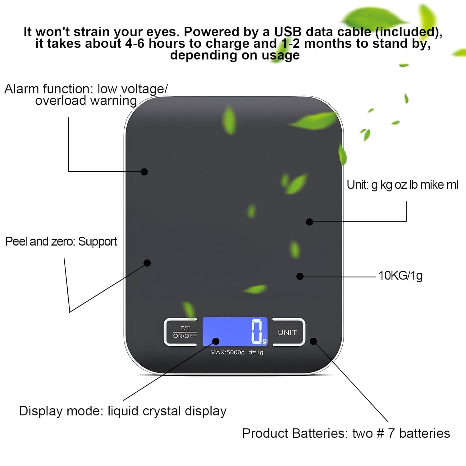Digitale keukenweegschaal, 10 kg/1 g, USB-oplaadbaar, digitale keukenweegschaal met lcd-display en tarra-functie, professionele keukenweegschaal, multifunctionele weegschaal met oplaadkabel