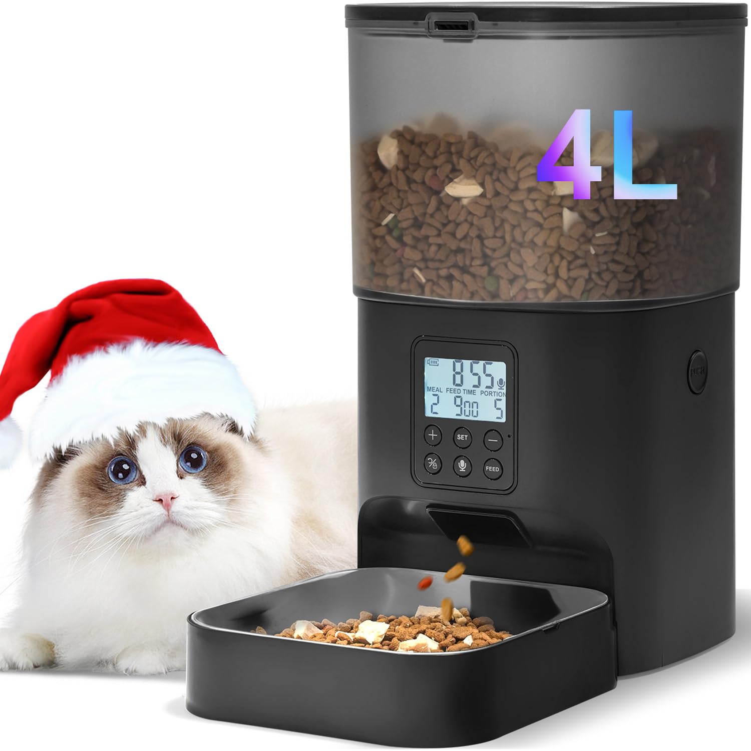 Automatic Cat Feeder, Cat Food Dispenser with 10s Voice Recorder, Pet Feeder up to 8 Meals per Day, Timed Feeder with Dry Food Sealed Ring (Black, 4L)
