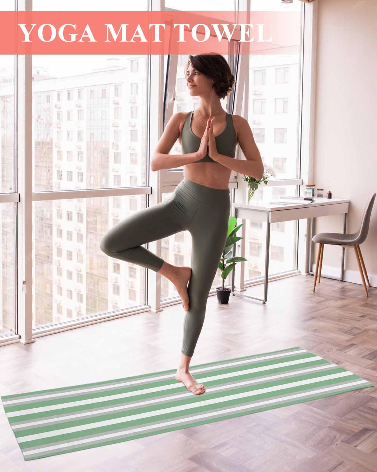 BOSIJOY Yoga Mat Towel,Spring Sage Green Gray Stripe Art Non Slip Sweat Absorbent Hot Yoga Towels with Corner Pockets,Modern Minimalist Line Soft Microfiber Towel for Pilates Bikram 70