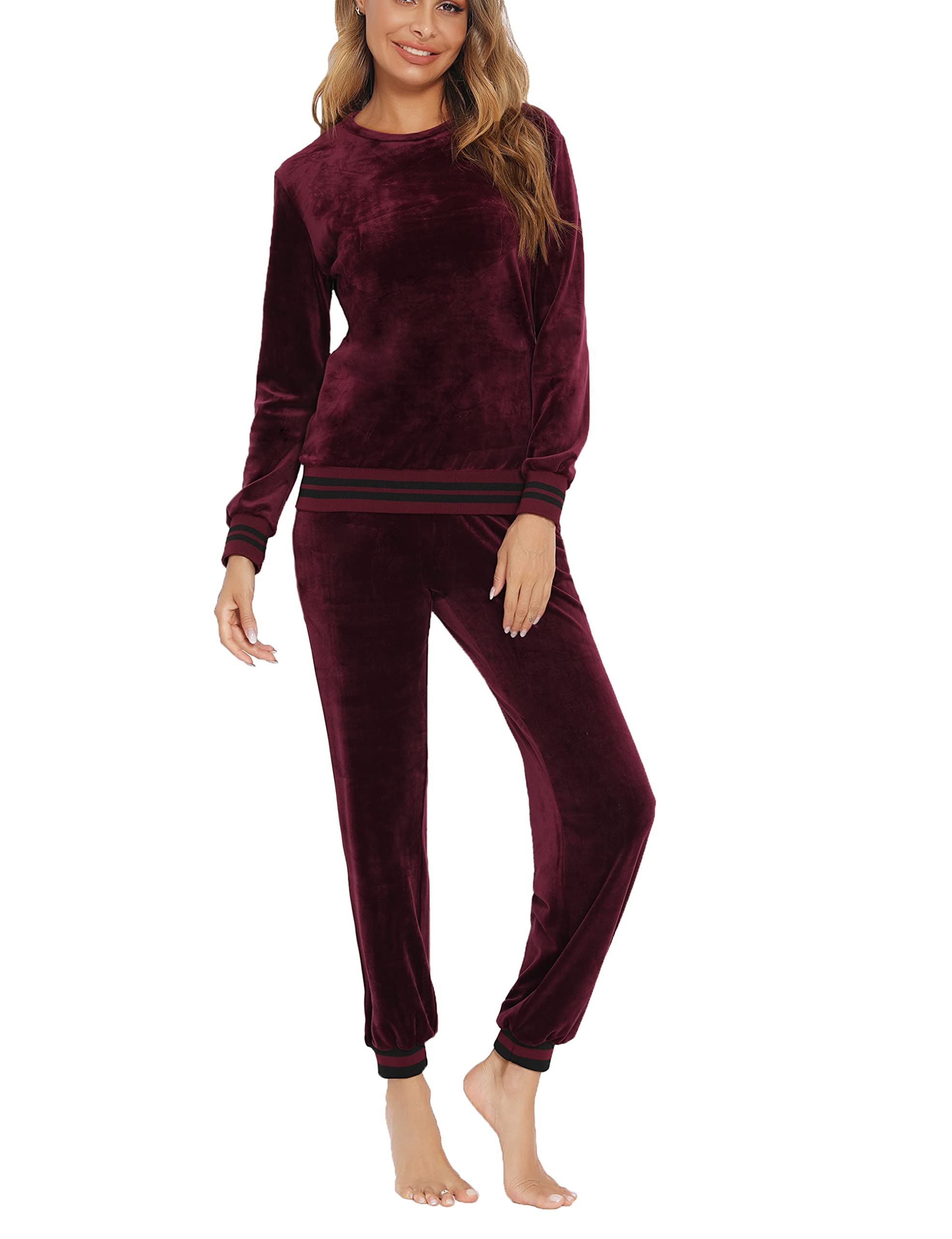 Enjoyoself Nicki huispak voor dames, fluweelzacht, 2-delig velours vrijetijdspak met pailletten, manchetten, ronde hals, lange mouwen, trui elastiek, broek met zak, a-Blauw, XL