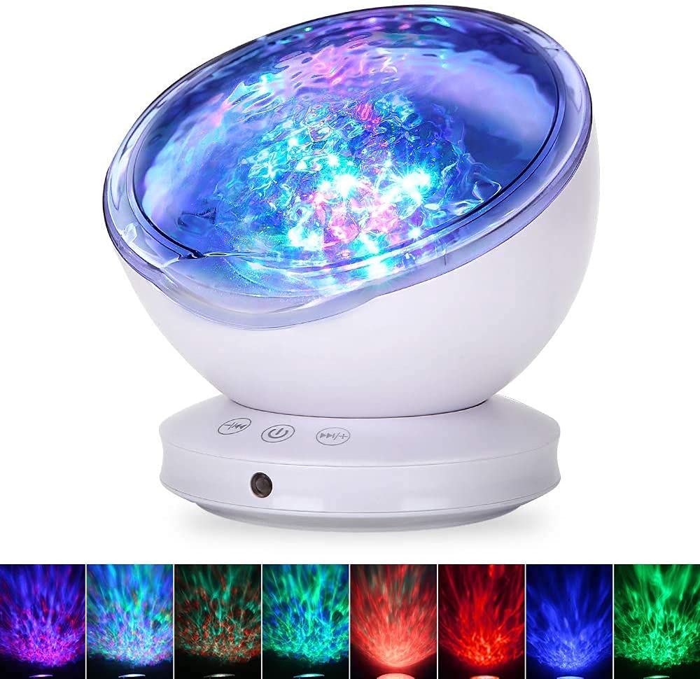 PIKFOS Ocean Wave Projector, 12 LED Night Light Lamp with Adjustable Lightness Remote Control Timer 8 Lighting Modes Music Speaker Light Night Light for Baby Kids Adult Bedroom