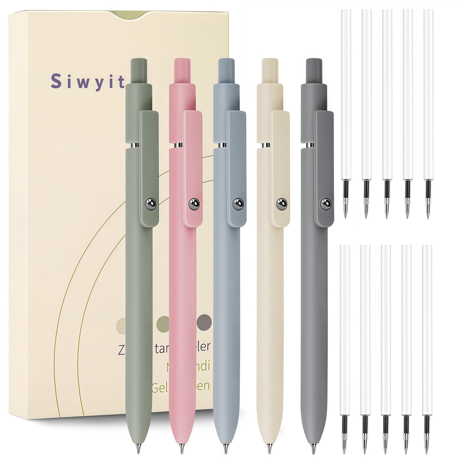 Siwyit Gel Pens, 5 Pcs 0.5mm Quick Dry Black Ink Fine Point Smooth Writing Pens and 10 Refills, Retractable Pens for Journaling Note Taking, Office School Supplies (Morandi-5PC)