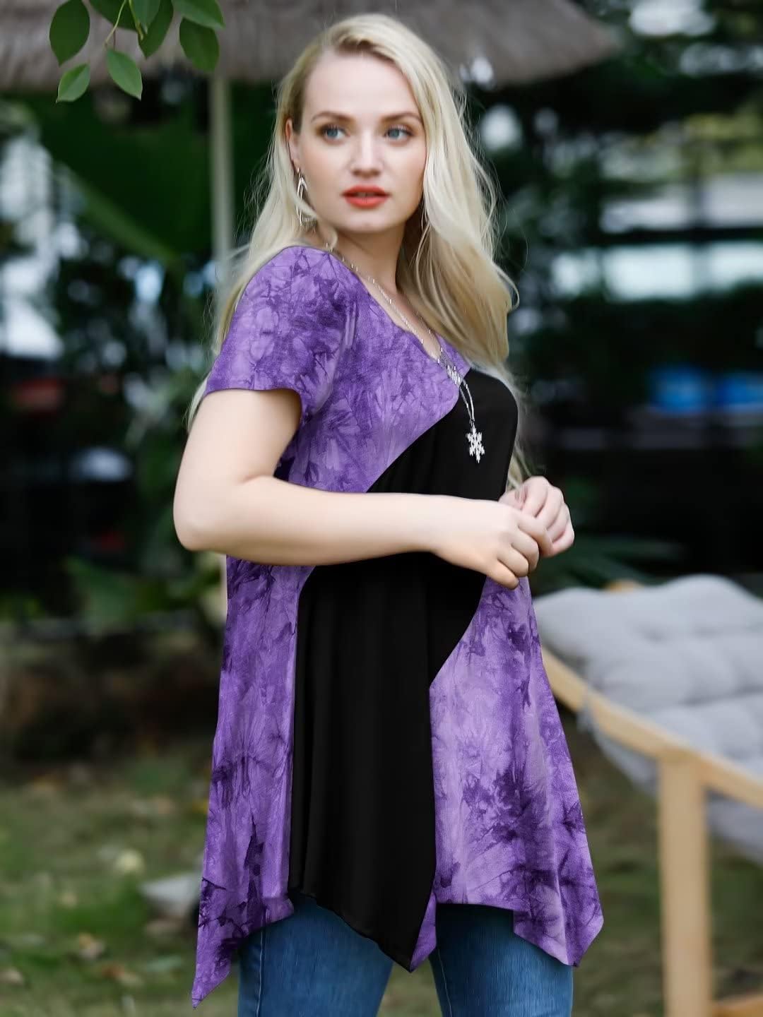 LARACE Plus Size Tops for Women V Neck Summer Shirt Short Sleeve Blouses Patchwork Tunics - Image 3