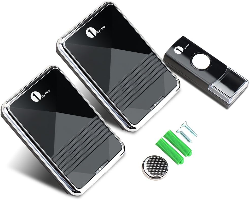 Diagram showing the dimensions of the 1byone plug-in receiver (11cm/4.33in height, 7.6cm/2.99in width) and the push button (8.7cm/3.42in height, 3.5cm/1.38in width).