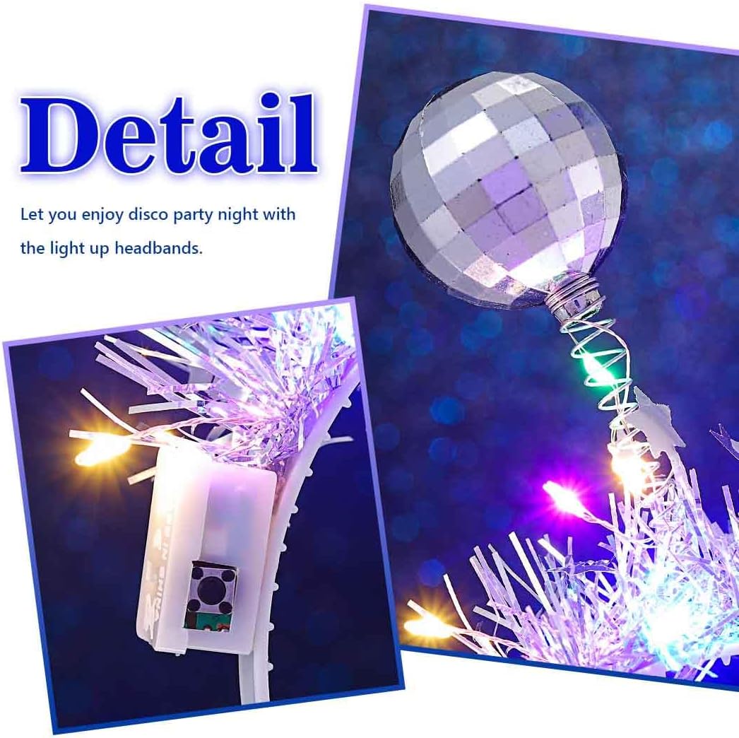 DRESBE Light Up Disco Ball Headbands Silver LED Alien Headband Glow Party Hair Accessories for Women(2pcs) - Image 5