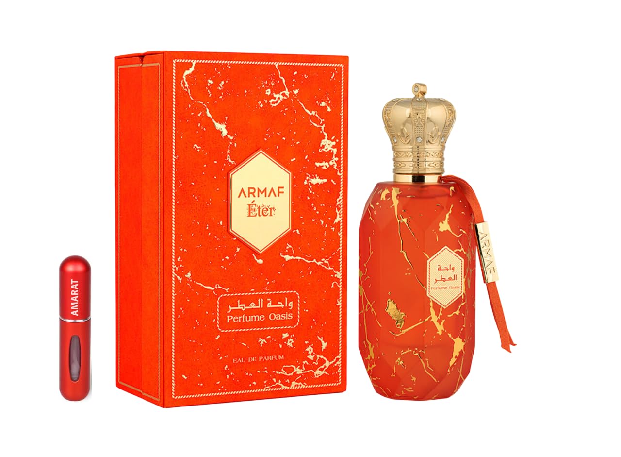 Armaf Eter Perfume Oasis Eau de Parfum 100 ml, Perfume Árabe Unisex de Larga Duración, Incluye Atomizador Recargable 5 ml, Fragancia Tropical Amaderada con Frutas, Flores y Vainilla (Perfume Oasis)