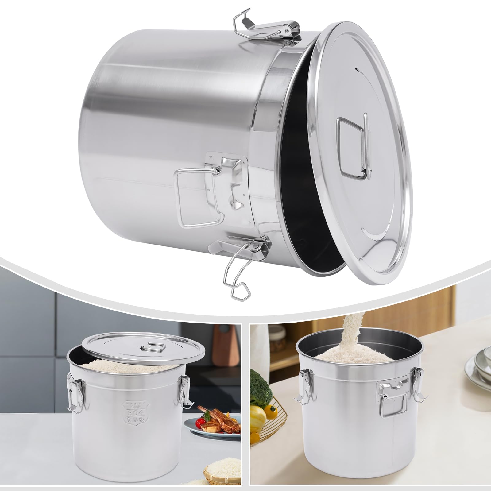 Cubo de arroz hermético de acero inoxidable 304, recipiente de almacenamiento de alimentos, contenedor de leche, cereales, leche, cubo de almacenamiento con tapa, para almacenamiento de cocina, harina
