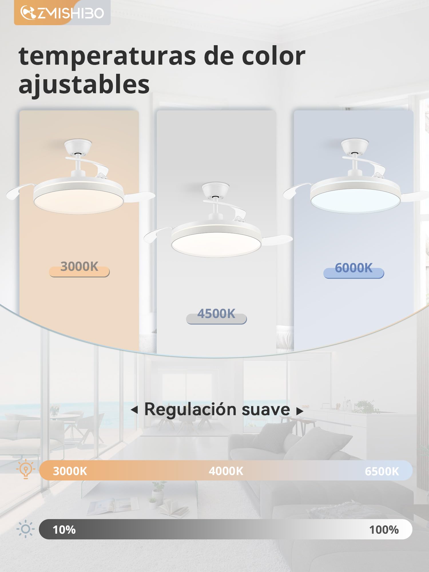 ZMISHIBO-Ventilador de Techo con Luz 106cm Ventilador sin Aspas CCT 3000K-65000K Función Verano-Invierno,Motor DC 30W+Luz LED 38W,6 Velocidades,Silencioso,Temporizador 2H/4H (Blanco)