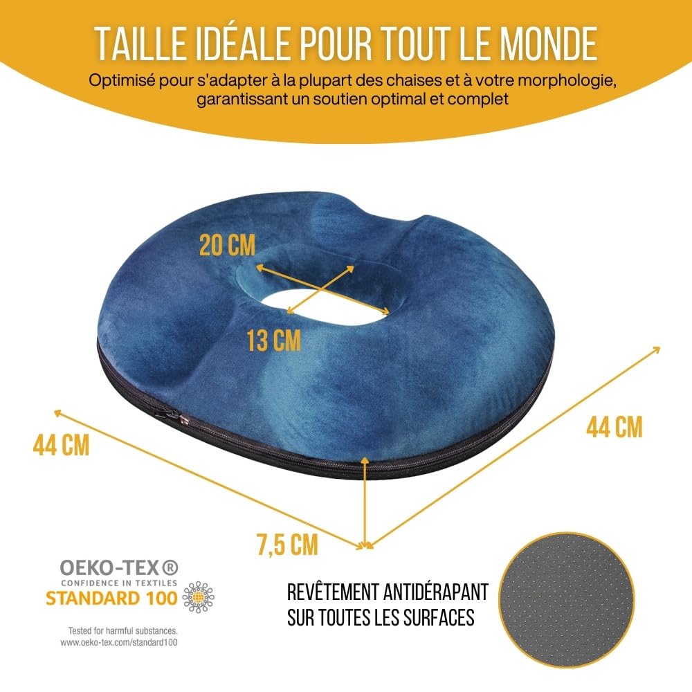 Inphysio® Coussin Donut, Coussin Assise Ergonomique, Coussin Coccyx, Coussin Siege Orthopédique, Coussin Memoire Forme, Coussin Fesses, Coussin Hemorroidaire, Coussin Voiture, Chaise, 45 x 37 x 9cm