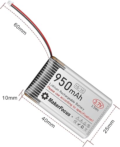 Miniatura 8 de Batería LiPo de 3.7 V 950 mAh 1S 1C Batería recargable de polímero de litio con placa de protección Cinta de goma aislada, enchufe PH1.25 para nodo
