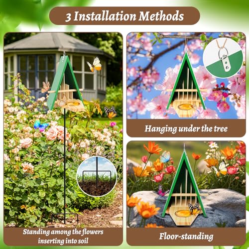 Image of New Butterfly House and Feeder for Outside, Wooden Butterfly House with Metal Stake for Garden, Natural Butterfly Habitat with Butterfly Puddler on The Floor or Hanging on Tree Wall